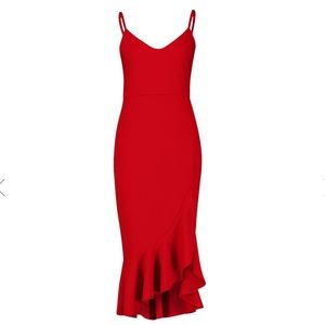 STRAPPY FRILL HEM MIDI DRESS in red